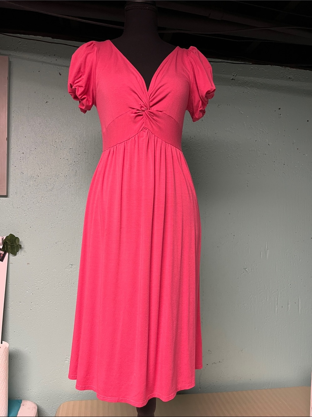 Coral V-Neck Twisted Waist Midi Dress